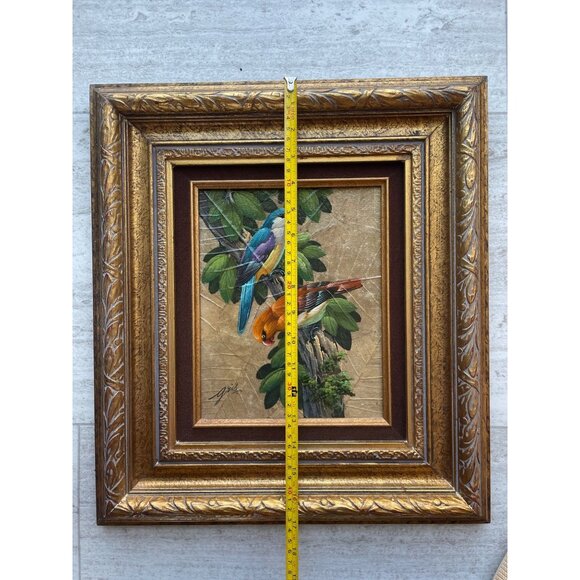 Vintage Gris Painting on Silk Artist Signed Exotic Tropical Birds Thailand Gold - Picture 6 of 7